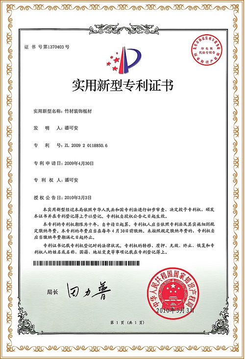 Bamboo Decorative Panels Patent Certificate