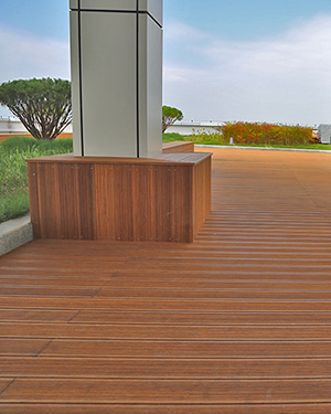 Weather resistant exterior bamboo deck installation in modern office park